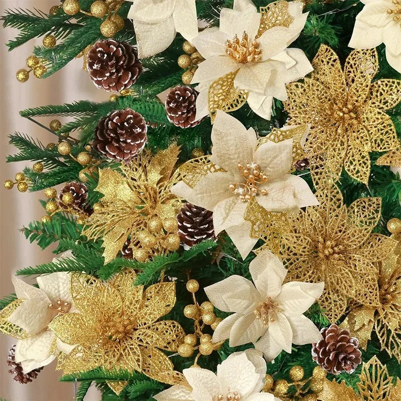 8/16PCS Christmas Decoration Set – Glitter Artificial Flowers for Tree, Home Decor, Xmas Ornaments, and New Year Decoration