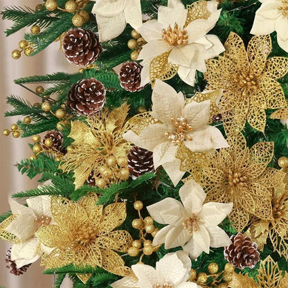 8/16PCS Christmas Decoration Set – Glitter Artificial Flowers for Tree, Home Decor, Xmas Ornaments, and New Year Decoration