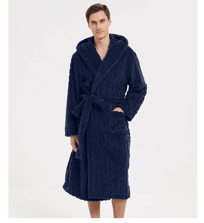 Men’s Fall & Winter Warm Hooded Robe – Thickened Cotton Velvet Jacquard Homewear for Couples