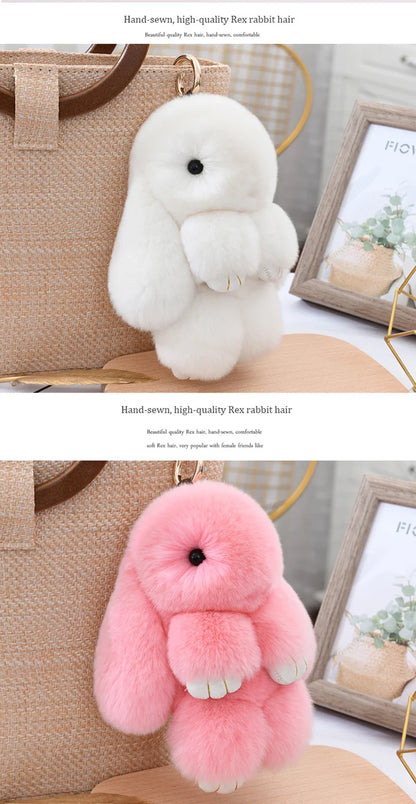 100% Natural Rex Rabbit Fur Keychain – Fluffy Bunny Bag Charm, Doll Toy & Lovely Pendant