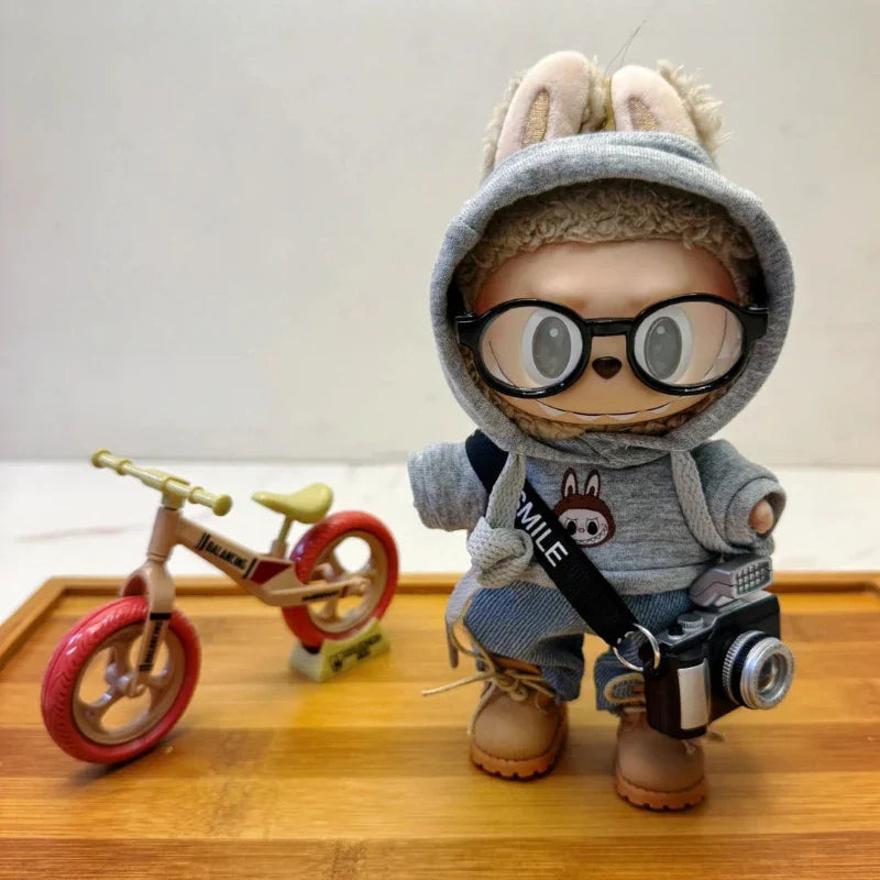 15/17cm Labubu Doll Printed Cycling Hoodie & Jeans Outfit | Stylish Labubu Doll Clothes & Decoration