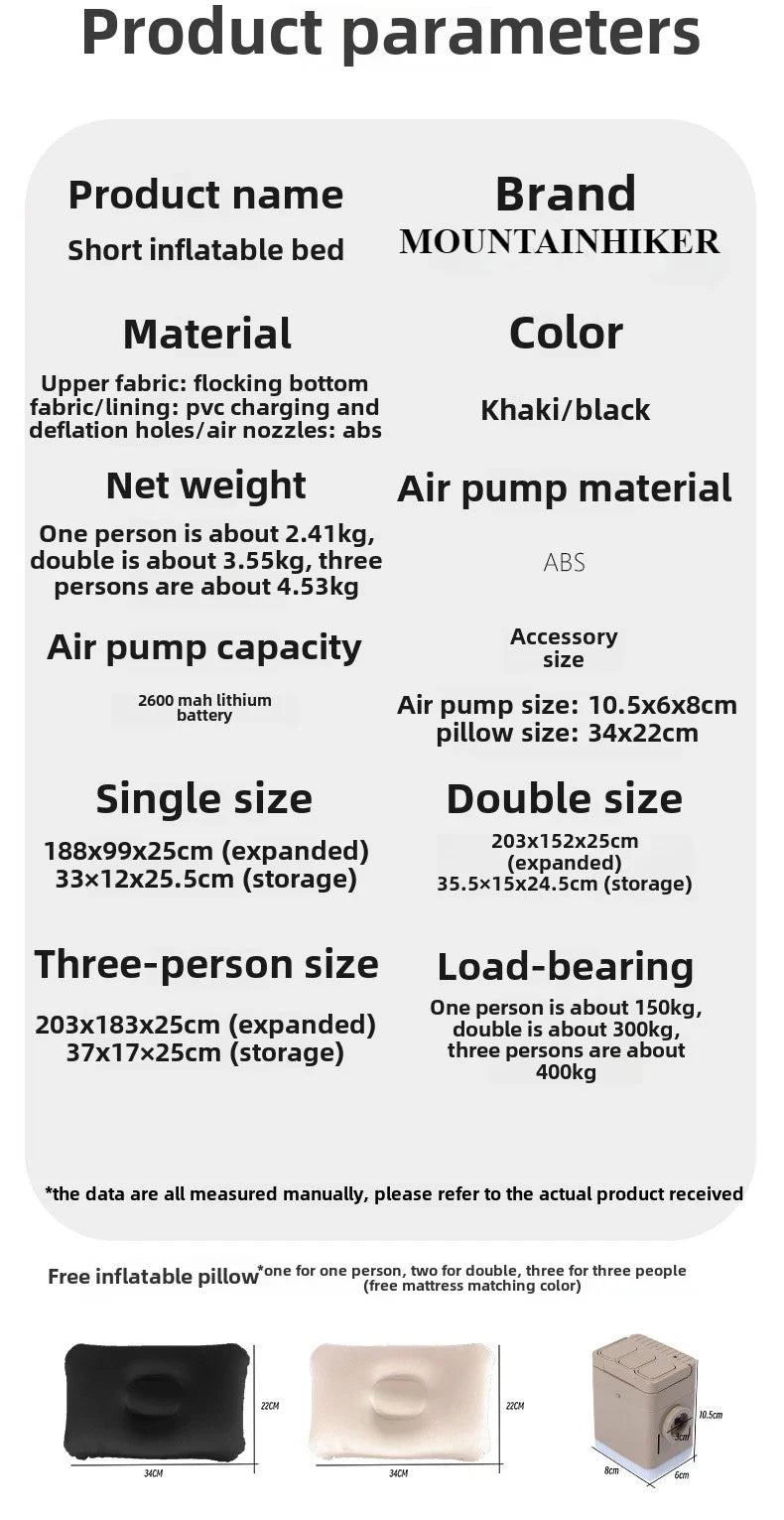 MOUNTAINHIKER 2025 Inflatable Air Mattress – PVC Glamping Sleeping Mat with Built-in Pump for 1-3 Persons