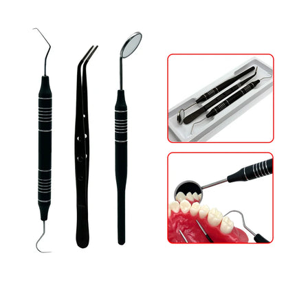 3pcs Dental Mouth Mirror Tweezers & Curved Probe Kit – Stainless Steel Oral Cleaning Instruments