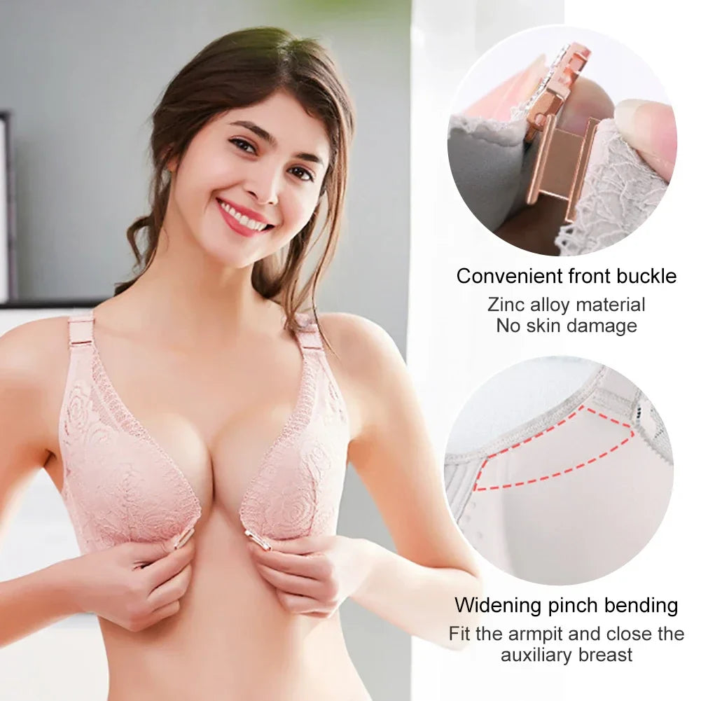 Rose Embroidery Front Closure Wirefree Bra – Front Button Comfort Bra, Push Up Supportive Seamless Underwear Top for Women Plus Size Intimates
