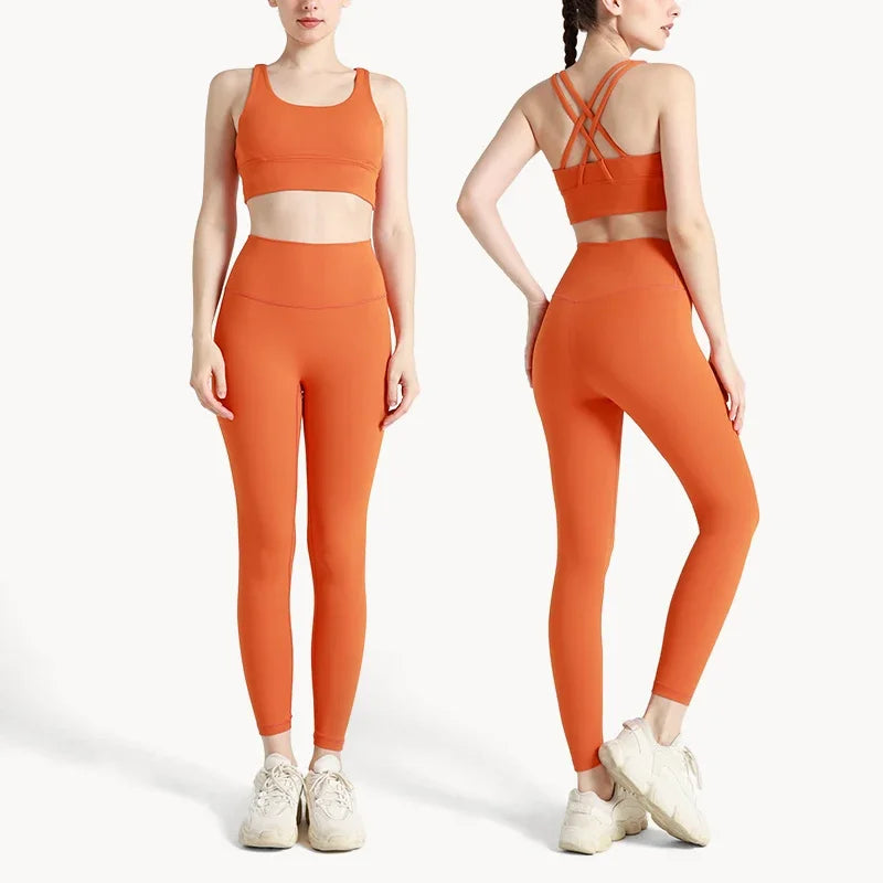 Summer 2 Piece Women's Yoga Tracksuit - Cross-Back Nylon Top and Leggings Athletic Set for Pilates and Fitness