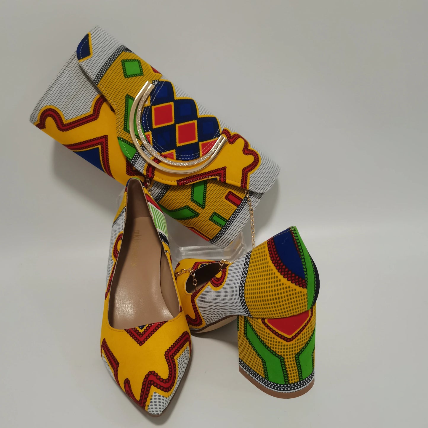 African Kente Print Women’s Shoe & Purse Set - Ankara Wax Print High Heels for Parties, Sizes 37-42