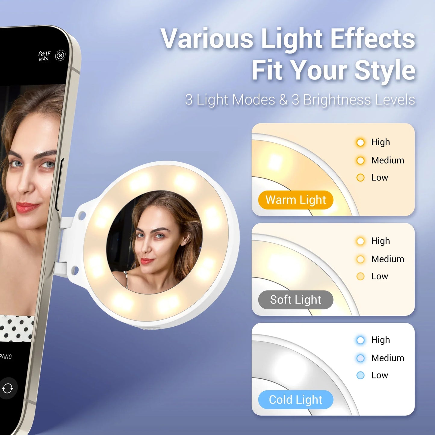 JJC Rechargeable Selfie LED Ring Light - Magnetic Design, 3 Adjustable Light Modes - 180°Foldable for iPhone 15, 14, 13