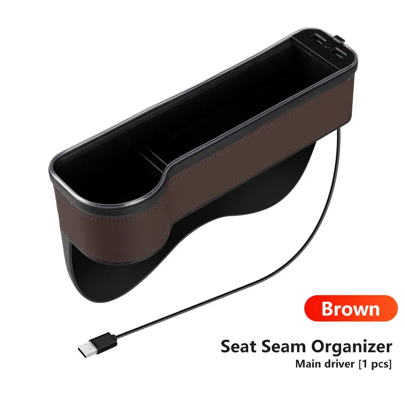 Car Crevice Storage Box with 2 USB Charger – LED Seat Gap Organizer, Phone, Bottle, and Cup Holder