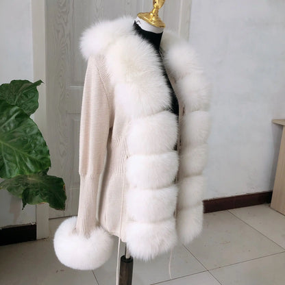 Women’s Spring & Autumn Sweater Cardigan – Real Fox Fur Collar Jacket, Natural Fur Outerwear