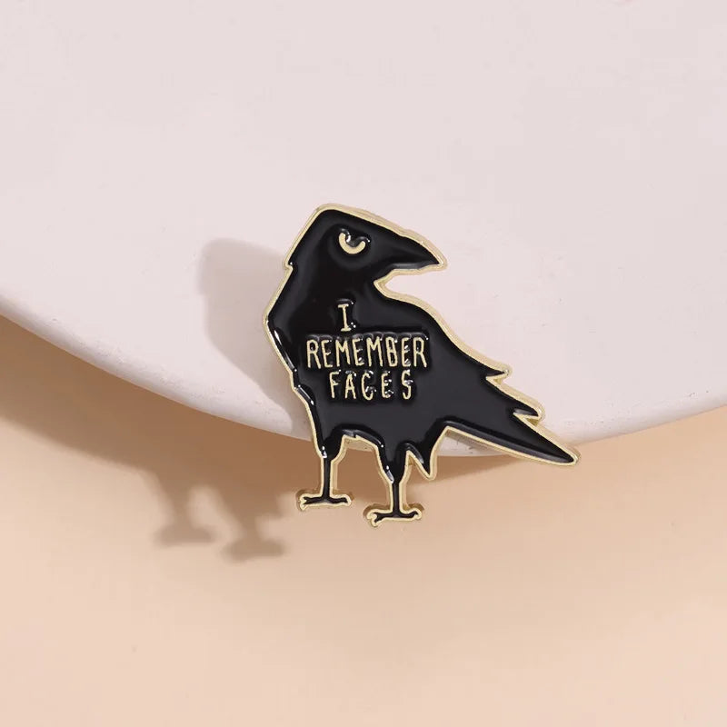 I Remember Faces Black Crow Enamel Pin – Animal Bird Metal Lapel Brooch for Backpacks & Jewelry Accessories
