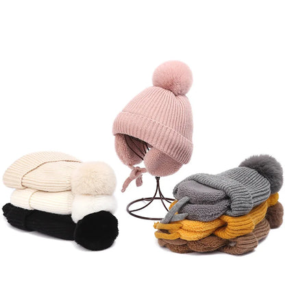 Winter Baby Beanie Hat with Pompom & Earflaps – Thick Wool Plush Knitted Cap for Girls & Boys, Ages 2-8T