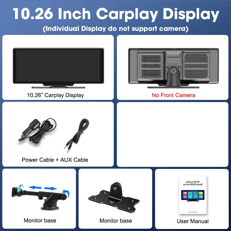 10.26" 4K Dash Cam Car Mirror — Wireless CarPlay Android Auto GPS Multimedia Rearview Camera Dashboard Monitor