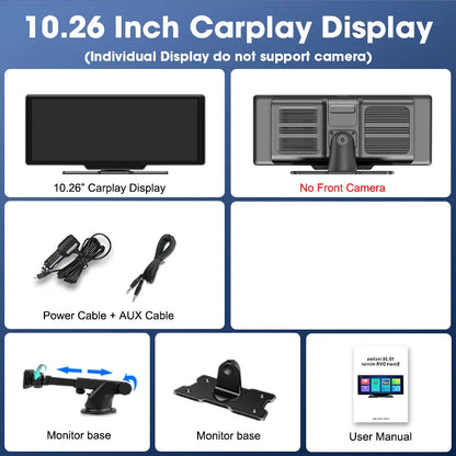 10.26" 4K Dash Cam Car Mirror — Wireless CarPlay Android Auto GPS Multimedia Rearview Camera Dashboard Monitor