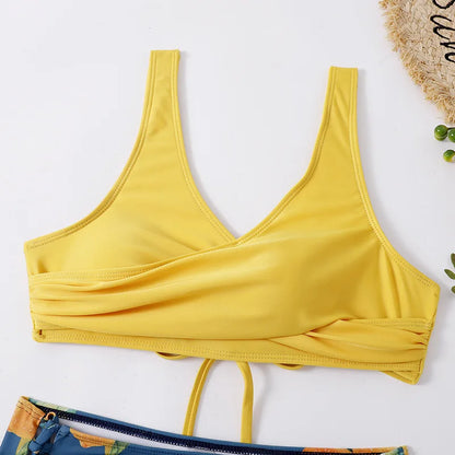 Vintage Printed Bikini Set – Women’s Cross Pleated Backless Lace-Up Push-Up Two-Piece Swimwear 2025 Beach Bathing Suit