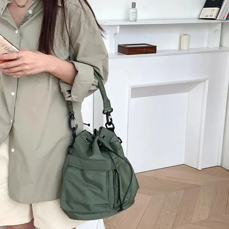 Women’s Large Capacity Nylon Tote Bag - Waterproof Shoulder & Crossbody Handbag with Drawstring Closure