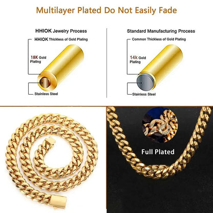 High-Quality Stainless Steel Gold Color Cuban Chain Necklace – 8-14mm Width, Waterproof Curb Link for Men & Women, Multiple Sizes