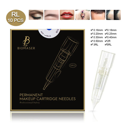 10PCS BIOMASER Disposable Tattoo Needles — Permanent Makeup Cartridges for Eyebrow & Lip, 1R/2R/3R/5R