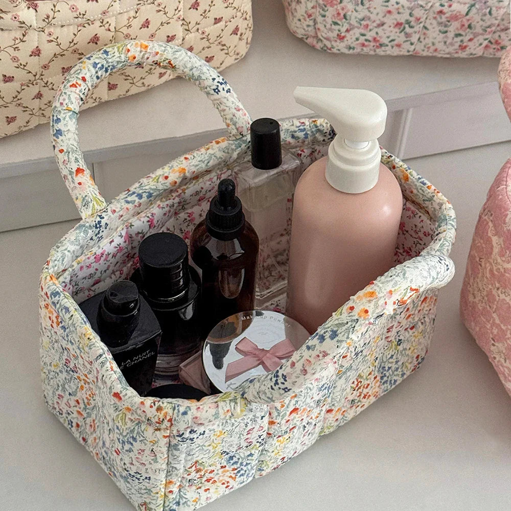 Cute Pink Flower Quilted Storage Basket with Handle – Foldable Home Organizer for Pet Toys & Room Storage