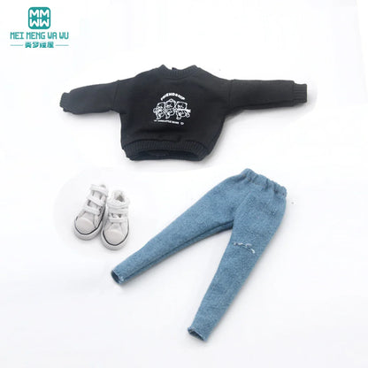 Blythe Doll Clothes – Fashion Tops, Black & White Shirts with Jeans & Plaid Pants for Azone OB22/OB24 Dolls
