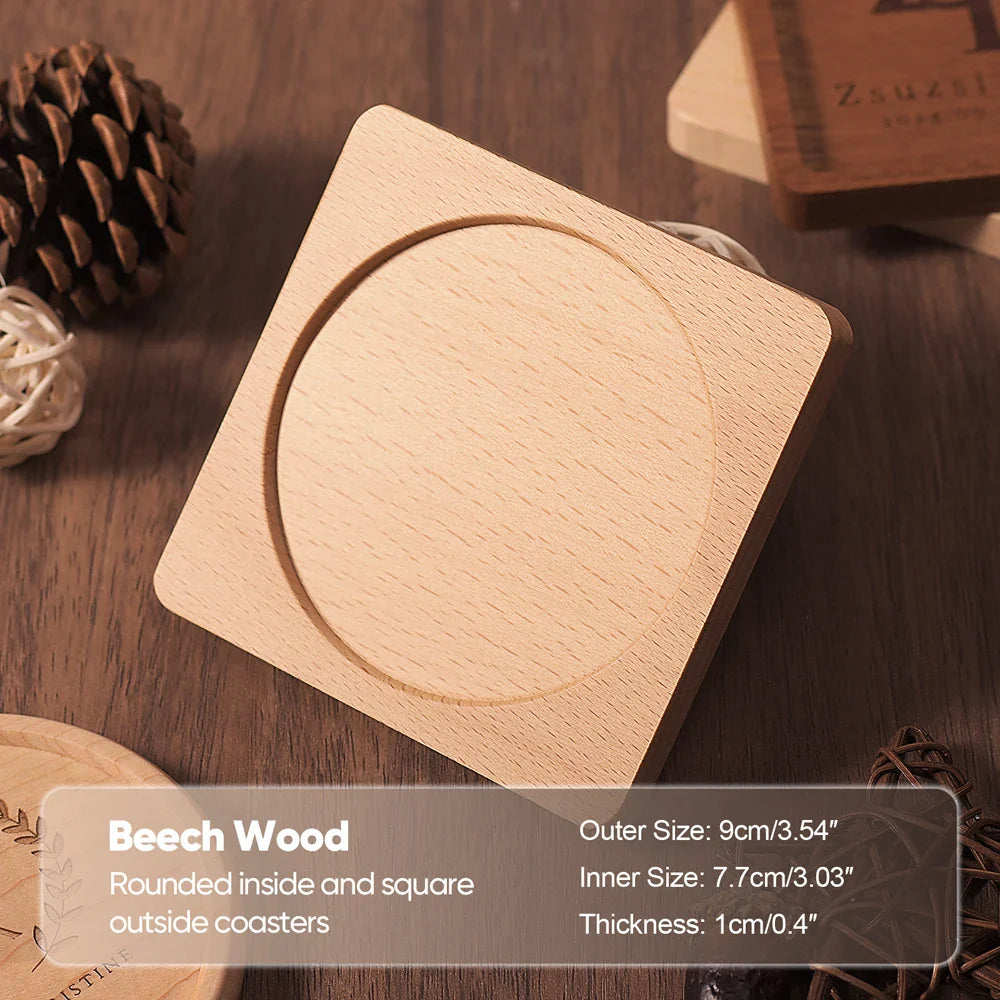 Solid Walnut & Beech Wood Coaster — Durable Heat-Resistant Round & Square Cup Mat, 8.8cm Tea & Coffee Placemat