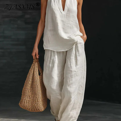 2026 Women’s Spring Retro Cotton Linen Set – Elegant V-Neck Sleeveless Top & Wide-Leg Trousers Summer Outfit