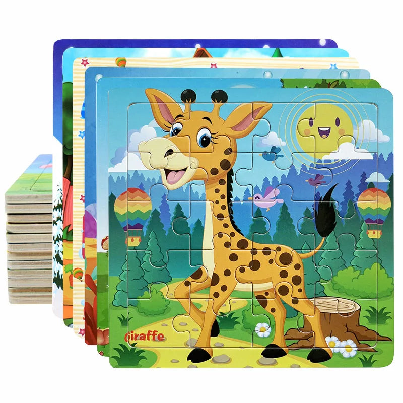 20-Piece Wooden Puzzle Set — Cartoon Animals, Cars, Letters & Numbers Educational Jigsaw Toys for Kids