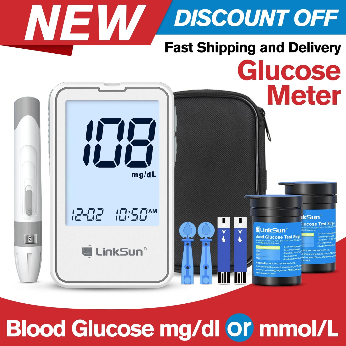 Linksun G-425-2 Blood Glucose Meter — 50/100PCS Test Strips, Digital Diabetes Testing Device, Blood Sugar Monitor