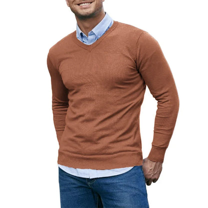 Men's V-Neck Knit Sweater - Soft Lightweight Long Sleeve Slim Fit Casual Pullover Autumn Top