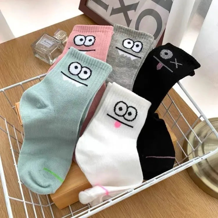 5 Pairs Happy Face Crew Socks – Cartoon Cat Cotton Mid Tube Socks, Breathable Women's Stockings & Hosiery