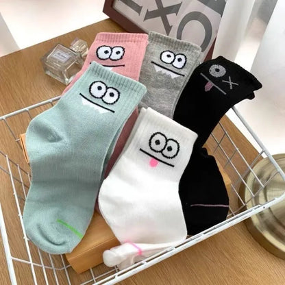 5 Pairs Happy Face Crew Socks – Cartoon Cat Cotton Mid Tube Socks, Breathable Women's Stockings & Hosiery
