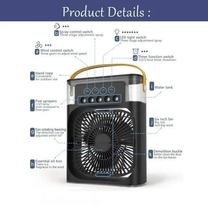 3-in-1 Mini Air Cooler Fan - Portable Humidifier with LED Night Light for Home, Office & Bedroom Cooling