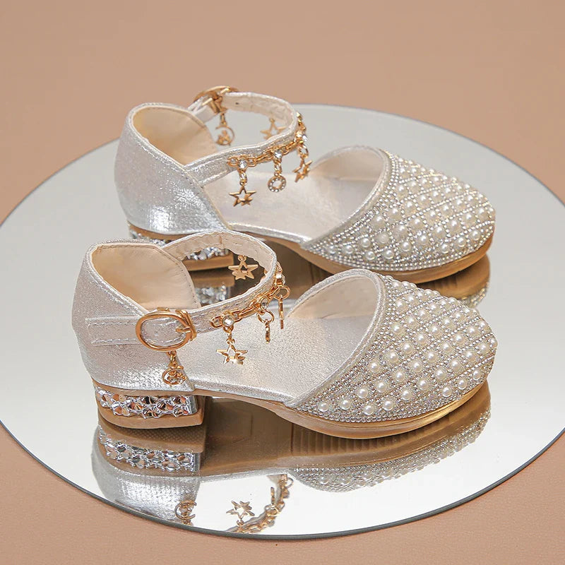 Girls’ Glitter High Heel Dress Shoes – Rhinestone Pendant Princess Shoes for Wedding & Party