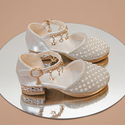 Girls’ Glitter High Heel Dress Shoes – Rhinestone Pendant Princess Shoes for Wedding & Party
