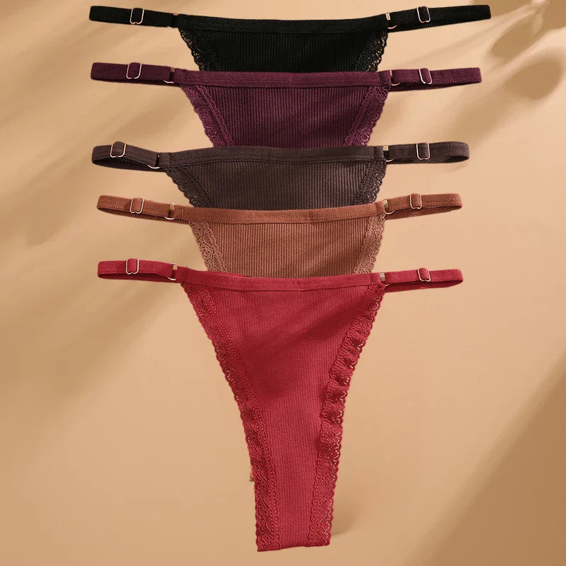 5PCS Cotton G-String Panties Set — Sexy Women’s T-Back Underwear, Adjustable Waist Thong Lingerie Briefs