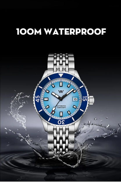 WM Welly Merck Automatic Mechanical Watch for Men — Sparkle Grain Gradient Dial, Ceramic Bezel, NH35, AR Coating, 100M WM212
