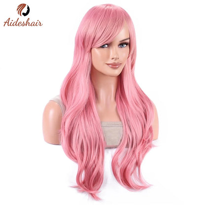 Aideshair 28" Long Wavy Curly Synthetic Wig – Heat Resistant Cosplay Wig for Women with Free Wig Cap