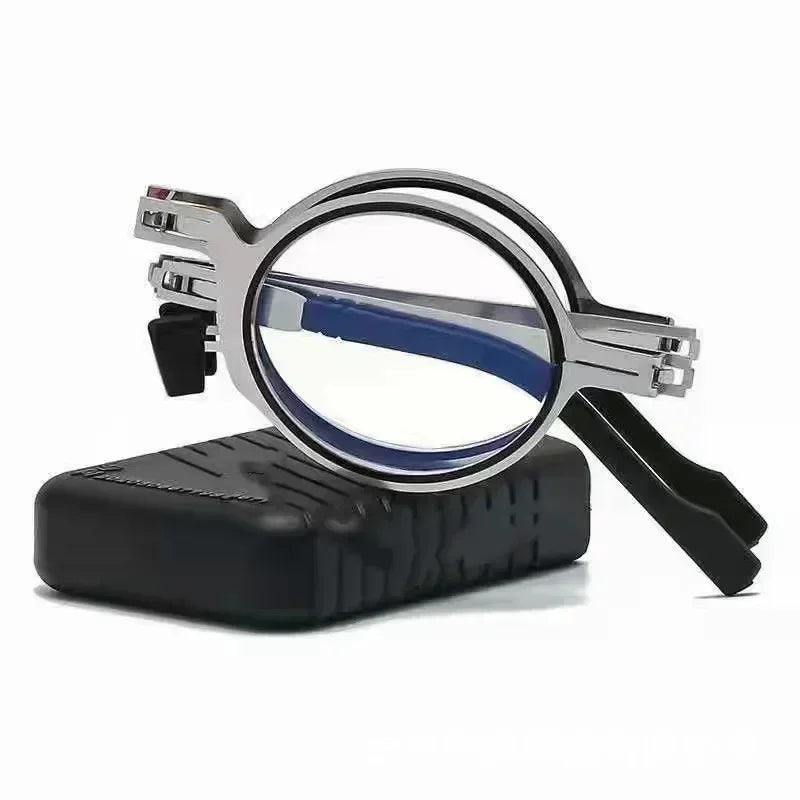 Unisex Folding Reading Glasses – Full Metal Frame, Transparent Lenses, Anti-Blue Light with Case
