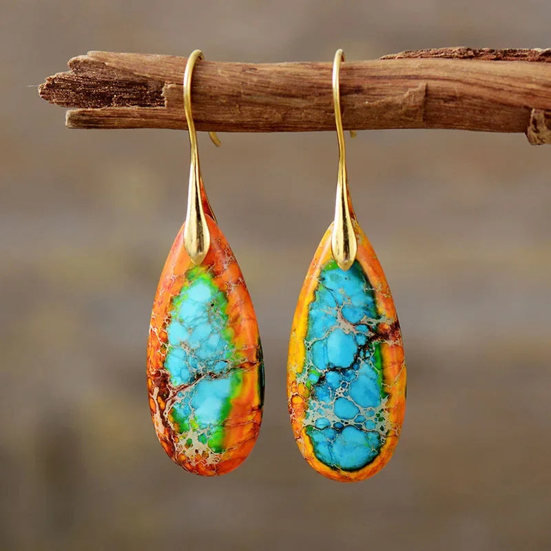 Bohemian Natural Stone Geometric Earrings - Luxury Emperor Stone Pendant Jewelry for Women