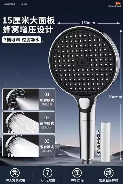 15cm Large Panel High Pressure Shower Head with Filter – 3 Modes Rainfall Spray Nozzle for Bathroom Accessories