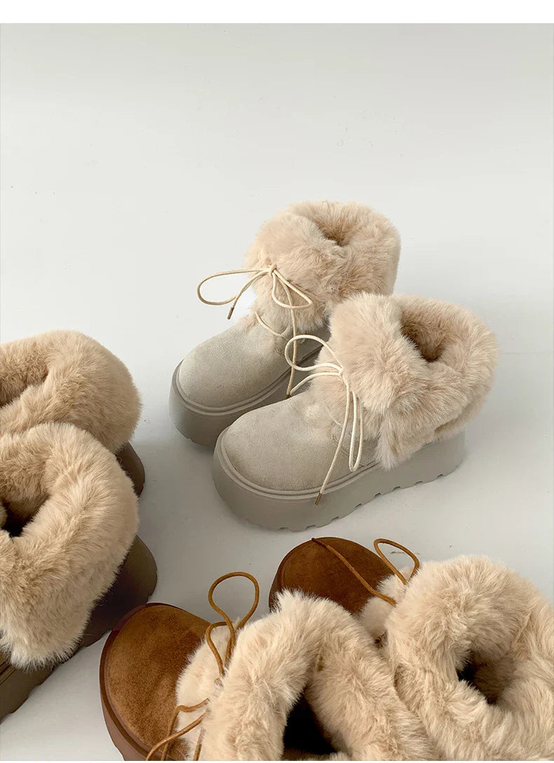 Women’s Winter Chunky Sole Fur Snow Boots – Cozy Height-Boosting Cotton Short Booties