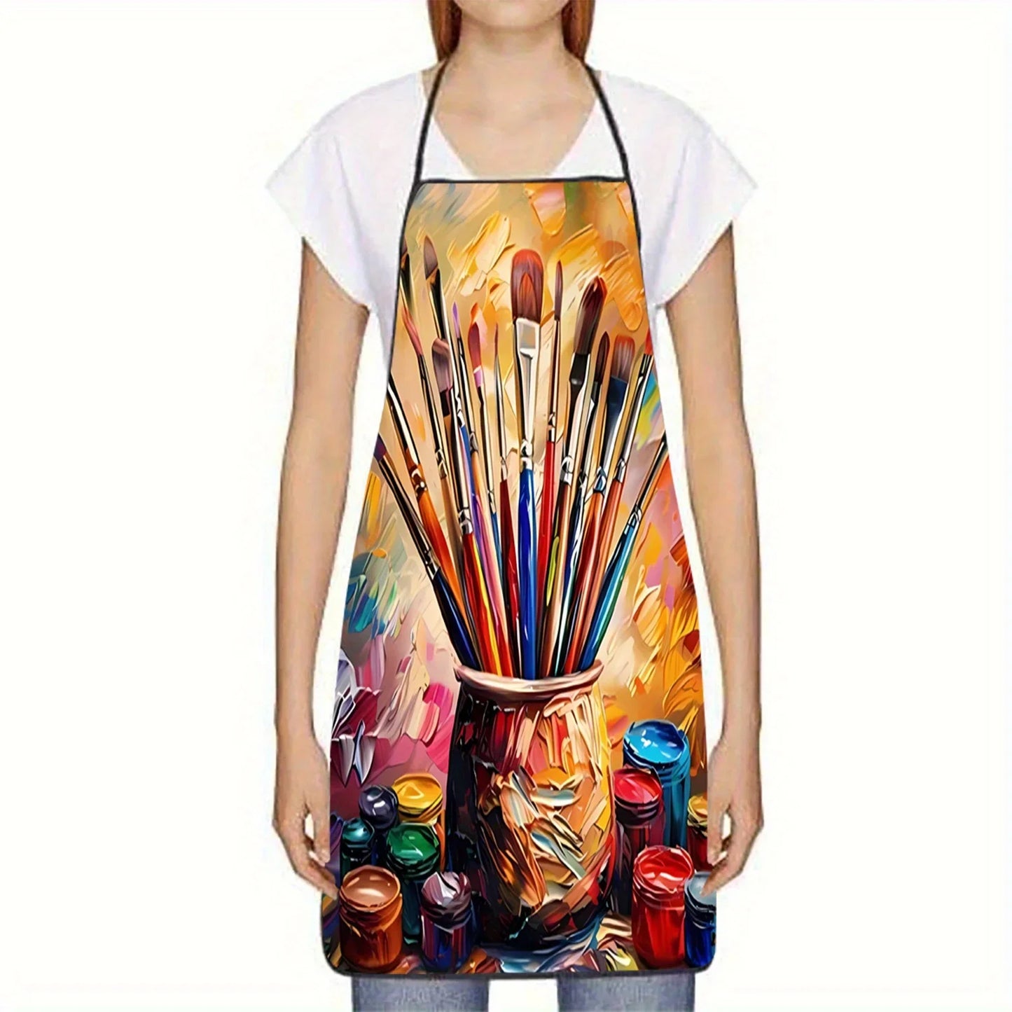 Unisex Printed Polyester Apron – Brush & Paint Can Design, Household Kitchen & Baking Work Apron