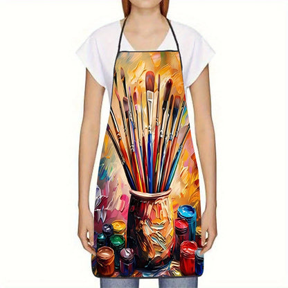 Unisex Printed Polyester Apron – Brush & Paint Can Design, Household Kitchen & Baking Work Apron