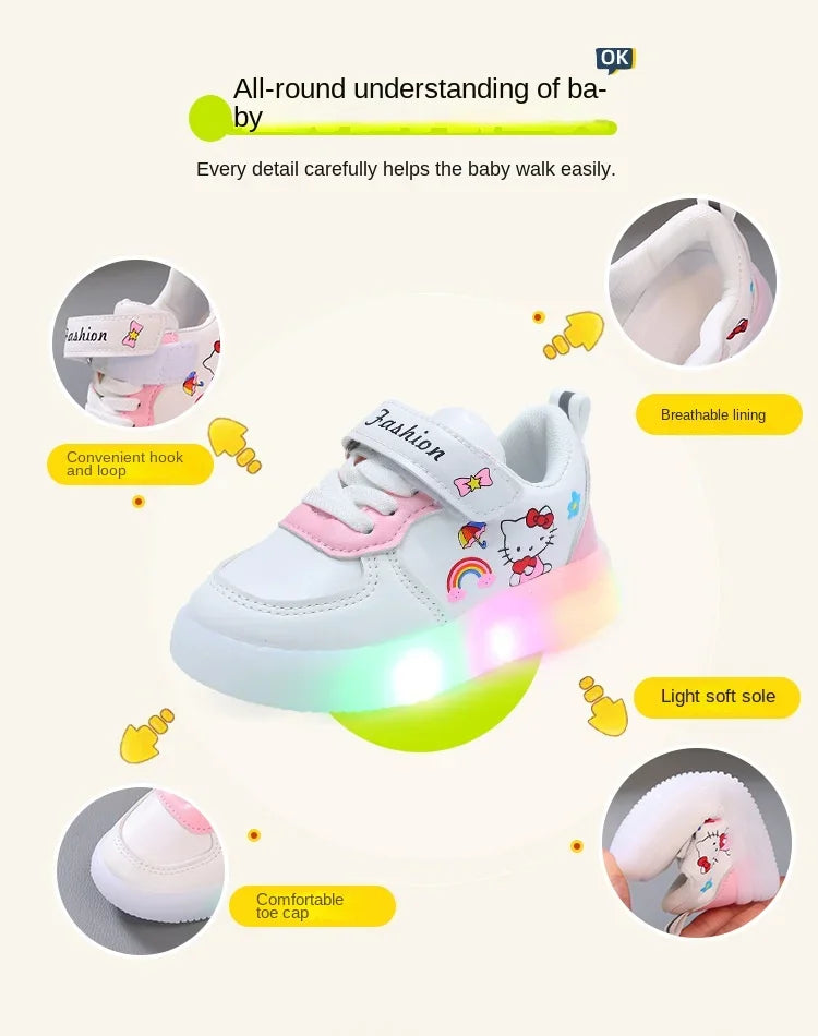 Sanrio LED Hello Kitty Shoes for Girls – Cute Cartoon Kawaii Summer Sneakers with Soft Bottom