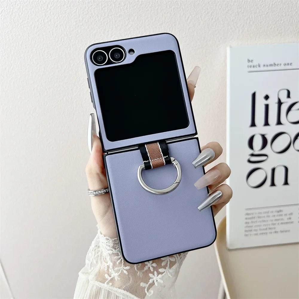 Ultra-Thin Ring Holder PU Leather Luxury Case for Samsung Galaxy Z Flip 6 / 5 / 4 / 3 – Slim Flip Phone Protective Cover with Kickstand Grip Design