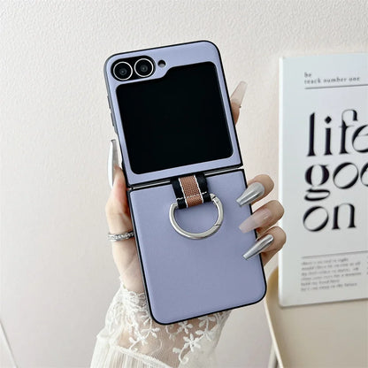 Ultra-Thin Ring Holder PU Leather Luxury Case for Samsung Galaxy Z Flip 6 / 5 / 4 / 3 – Slim Flip Phone Protective Cover with Kickstand Grip Design