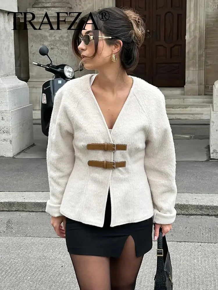 TRAFZA Women’s Retro Leather Buckle Woolen Coat – Fashion Solid V-Neck Beige Jacket, Autumn Spring Streetwear