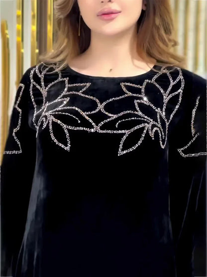 Women’s Eid Ramadan Velvet Abaya Dress 2026 – Diamond Embellished Dubai Jalabiya with Belt Muslim Party Gown