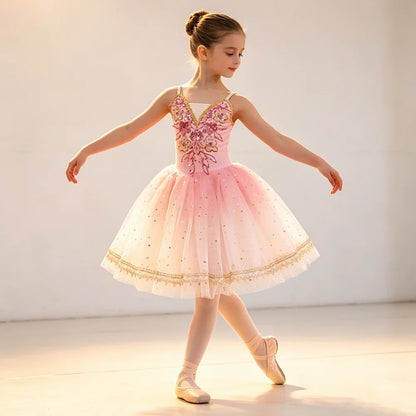 Girls' Ballet Costume - Pink Tulle Skirt with Sequin Flowers for Dance Performances