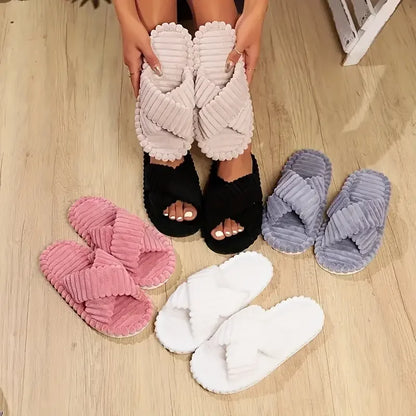 Women’s Fall/Winter Cross Strap Slippers – Comfortable Indoor Fleece Slip-On House Slippers for All Seasons