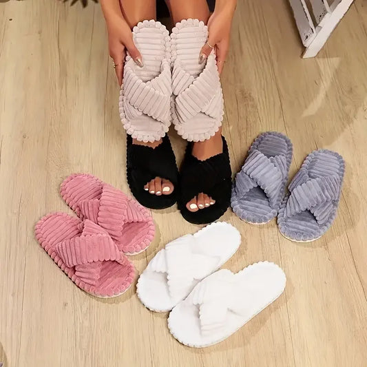 Women’s Fall/Winter Cross Strap Slippers – Comfortable Indoor Fleece Slip-On House Slippers for All Seasons